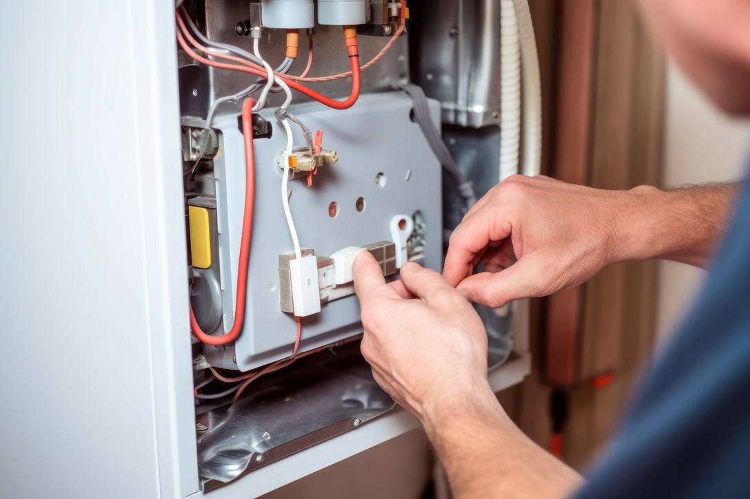 Technician installing electric furnace in home